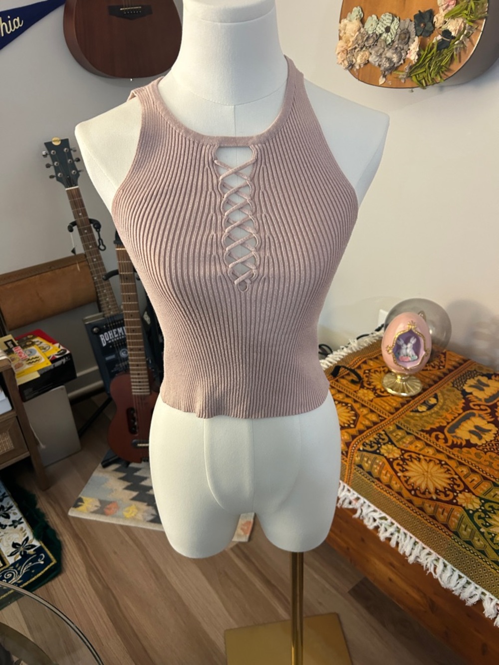 F21 Ribbed Lace-Up Crop Tank Top - Blush Pink